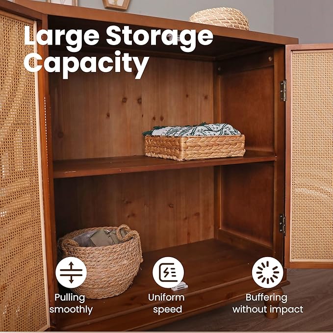 PHI VILLA Accent Cabinet with Door, Small Buffet Sideboard Cabinet with Rattan - Image 4