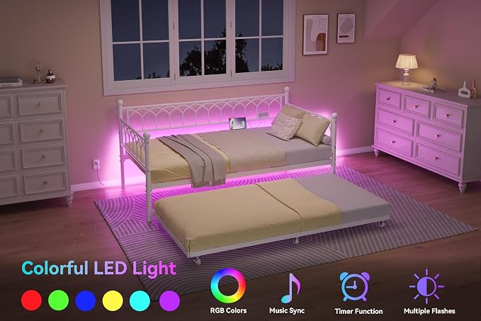 GarveeHome Daybed with Trundle, Metal Twin Trundle Bed with Charging Station & - Image 4
