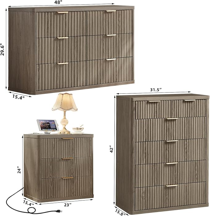 LEYAOYAO Fluted Dressers & Nightstand Set of 4, Wood 48" Wide Dresser & 42" - Image 3
