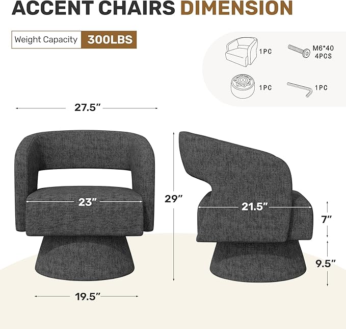 Swivel Accent Chair, Modern Comfy Chenille Barrel Chairs, Oversized Upholstered - Image 2