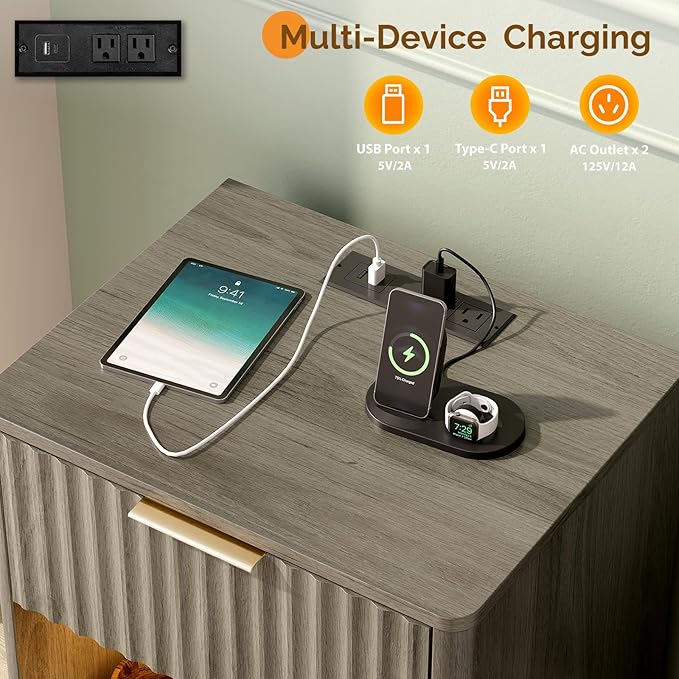 VINGLI Night Stand with Charging Station & Led Light, Wood Nightstand Mid - Image 4