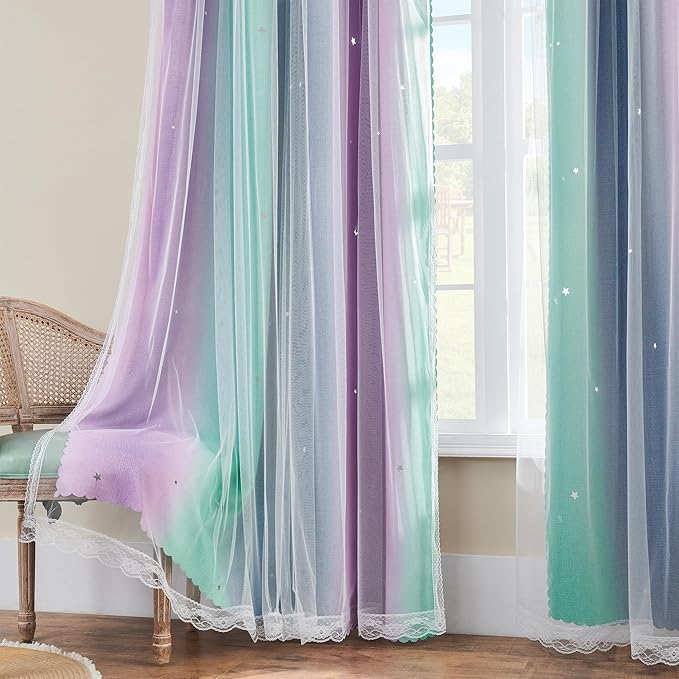 XiDi Curtains for Bedroom Decor, Rainbow Purplgreen grey34/90 - Image 4