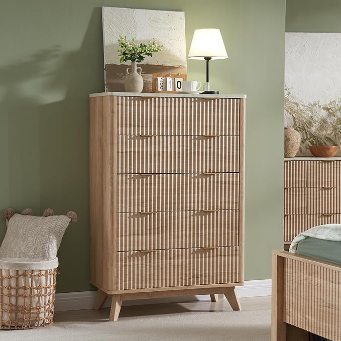 T4TREAM Fluted 5 Drawers Dresser, Curved Profile Design, Wood Drawer Organizer by T4TREAMFurniture