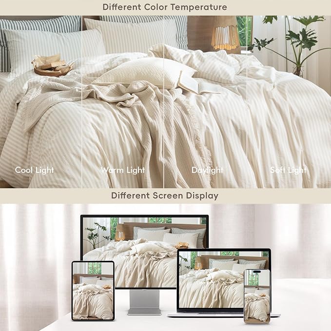 MooMee Striped Duvet Cover Set 100% Washed Cotton Linen Like Textured - Image 7