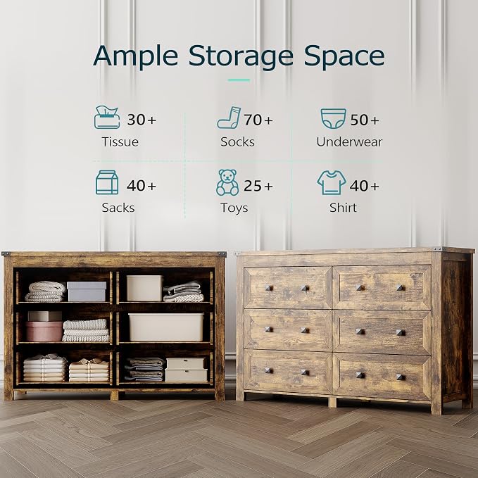 Dresser for Bedroom with 6 Drawers, Farmhouse Wood Chest of Drawers, Wide TV - Image 4