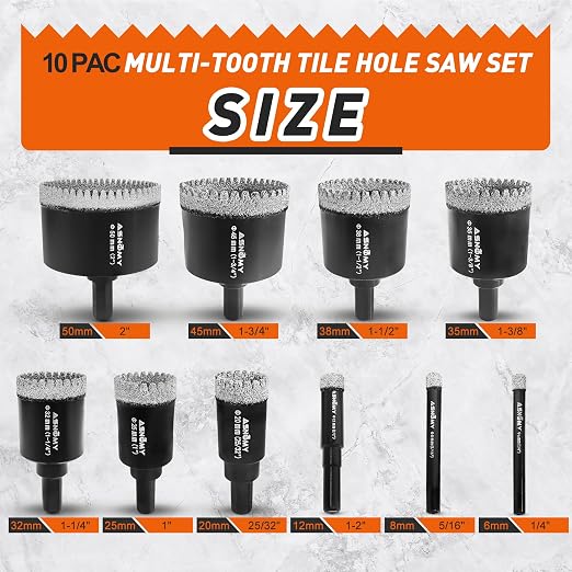 ASNOMY 10PCS Diamond Hole Saw Set, 1/4"-2" Inch Serrated Brazing Tile Hole Saw - Image 2
