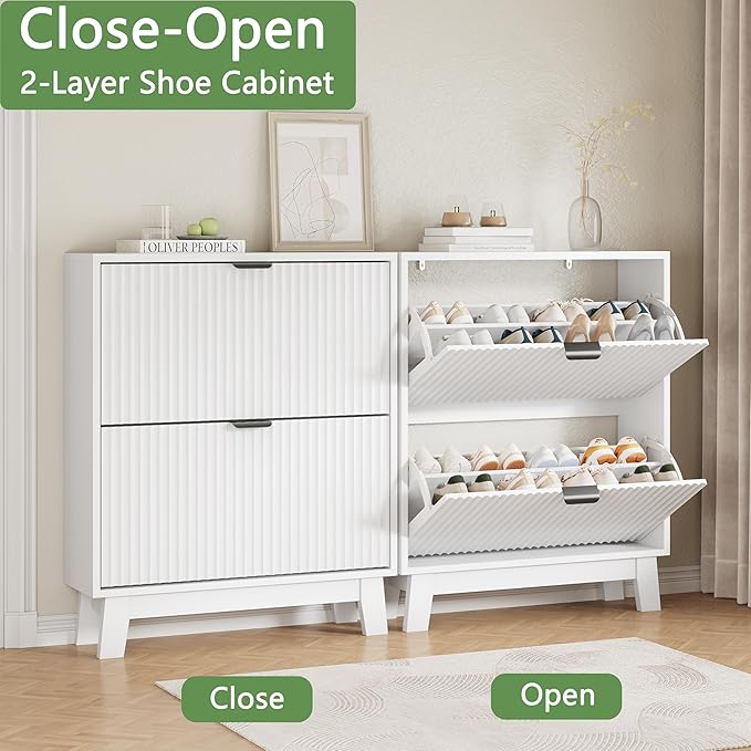 Shoe Cabinet with 2 Flip Drawers, Hidden Slim Wooden Shoe Rack Cabinet - Image 5