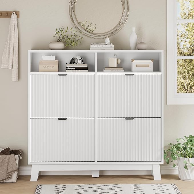 Shoe Cabinet with 4 Flip Drawers, Hidden Slim Wooden Shoe Rack Cabinet - Image 7