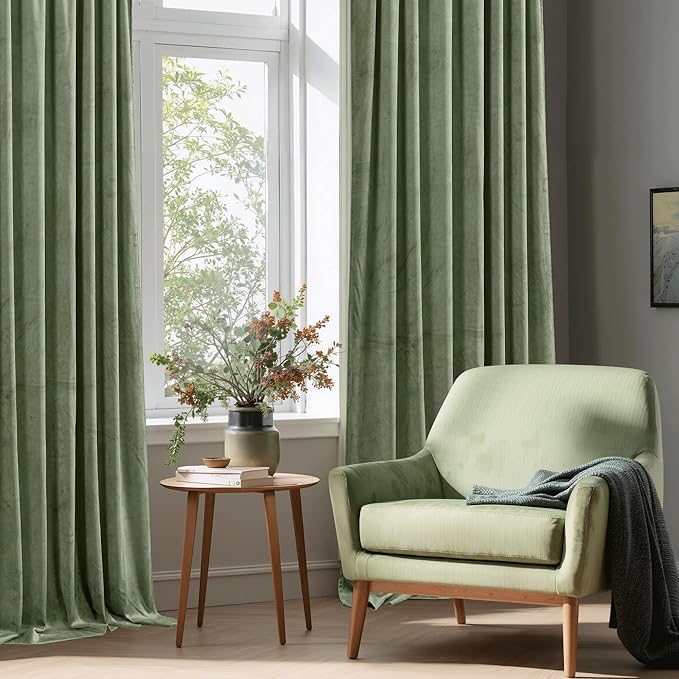 StangH 108 inches Length Sage Green Velvet Curtains, Rod Pocket Sunlight - Image 7