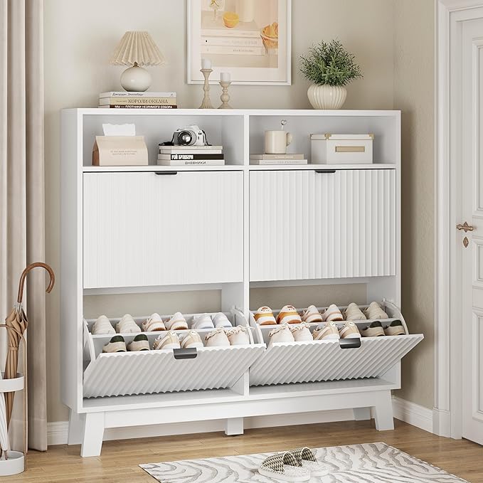 Shoe Cabinet with 4 Flip Drawers, Hidden Slim Wooden Shoe Rack Cabinet by Xixini