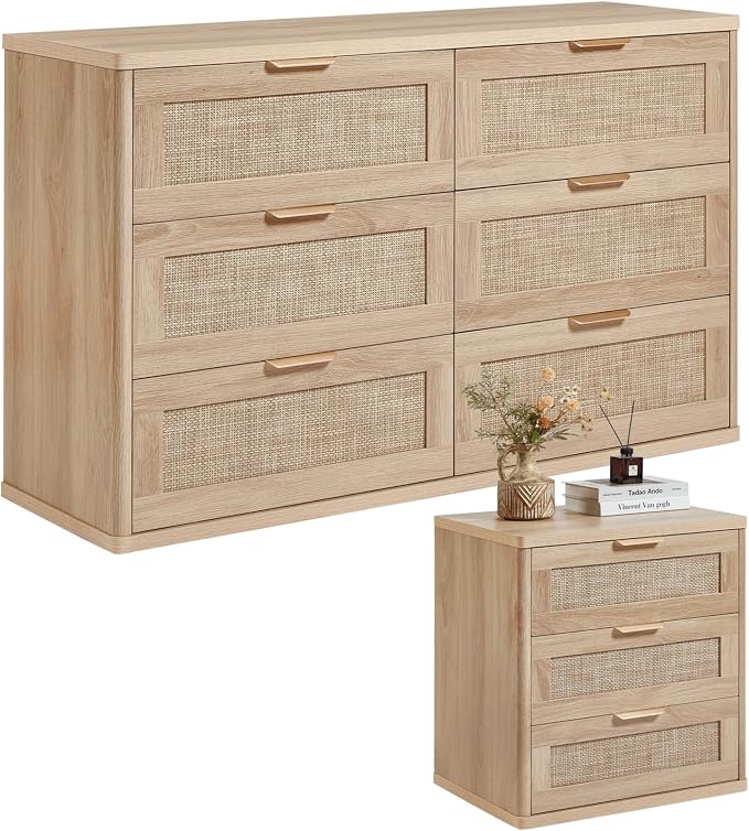 LEYAOYAO Rattan Dresser and Nightstand Set of 2, Boho Wood Dresser by LEYAOYAO-Findtheshiningpointofyourideallife%EF%BC%81
