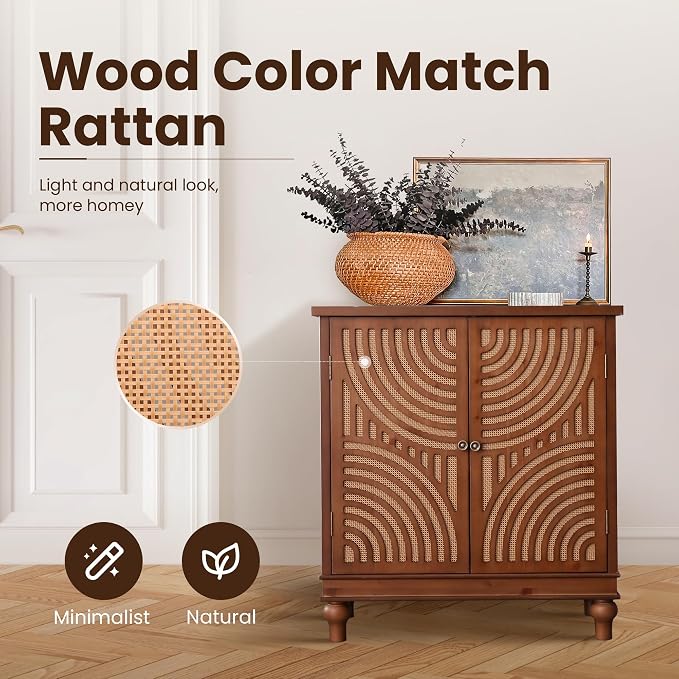 PHI VILLA Accent Cabinet with Door, Small Buffet Sideboard Cabinet with Rattan - Image 3