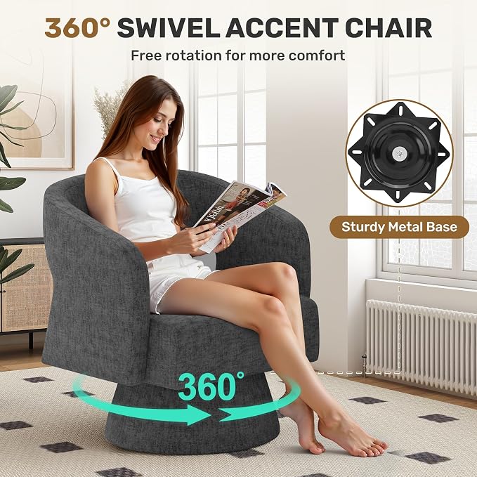 Swivel Accent Chair, Modern Comfy Chenille Barrel Chairs, Oversized Upholstered - Image 3