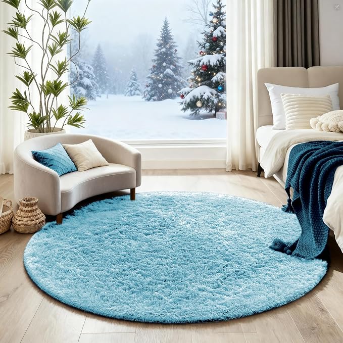 Ophanie Round Rug 4Ft Light Blue Circle Area Rugs, Fluffy Fuzzy Small Bedroom - Image 5