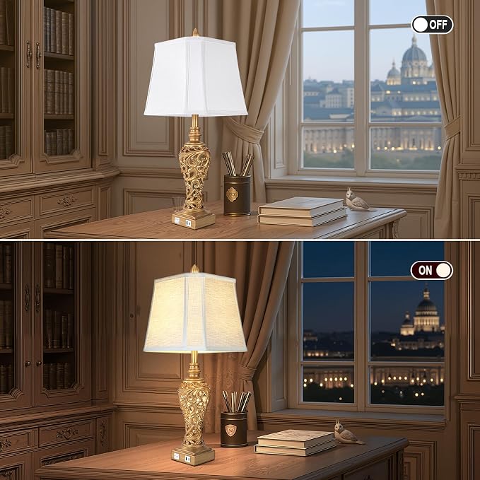 Vintage Table Lamps Set of 2, 28.5'' Tall Antique Gold Bedside Lamps - Image 6