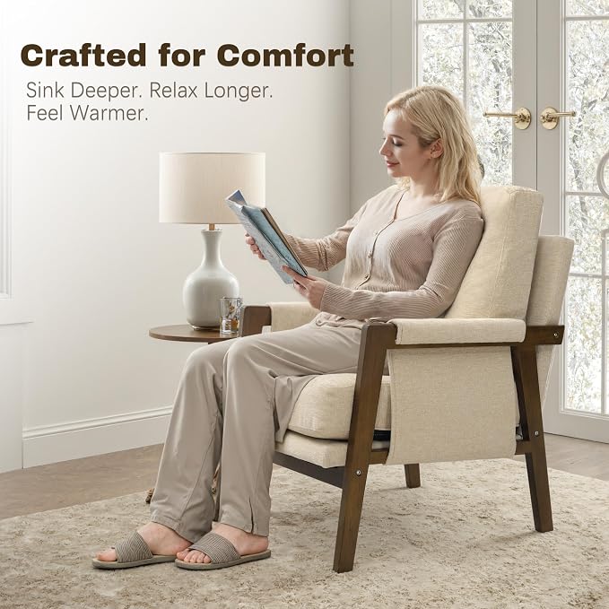 Beige Accent Chair for Bedroom & Living Room, Mid Century Modern Accent Arm - Image 3