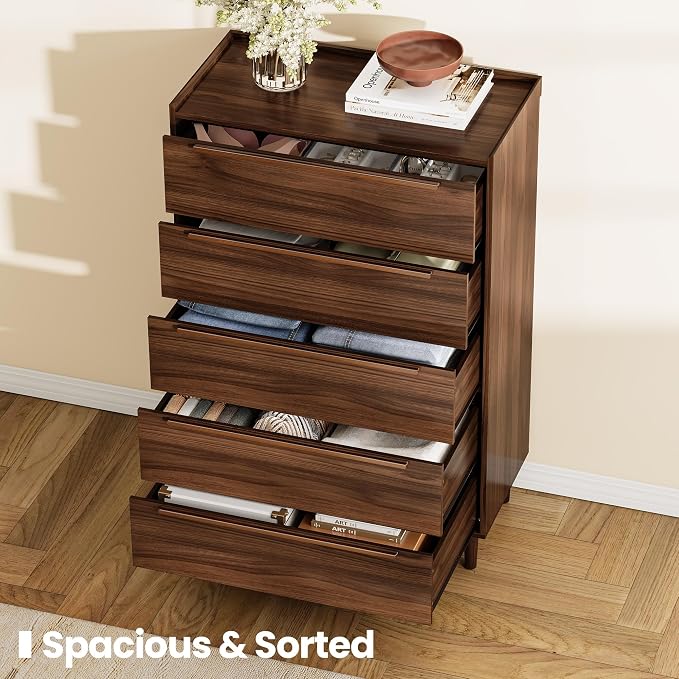 48" Tall Walnut Dresser for Bedroom, Mid-Century Modern 5 Drawer Chest of - Image 4