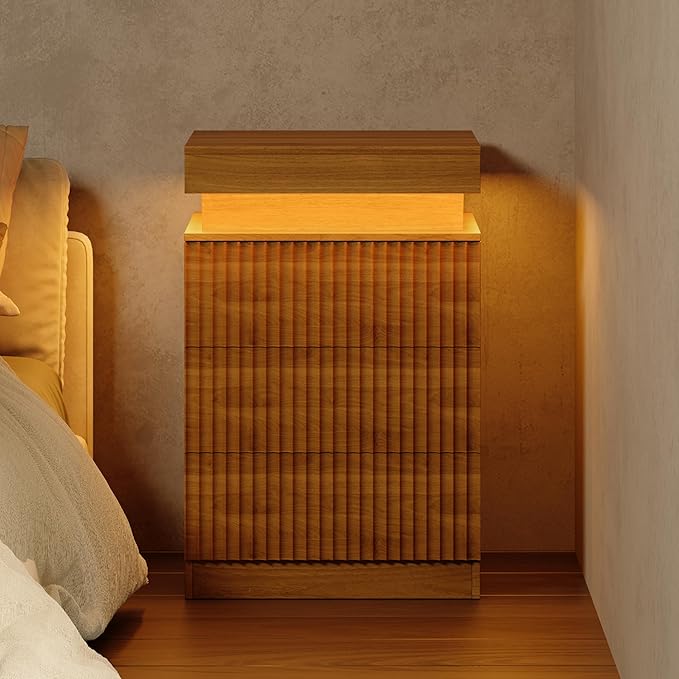 Walnut Nightstand with 3 Drawers and LED Light, Mid Century Modern Fluted Night by BOXACTION