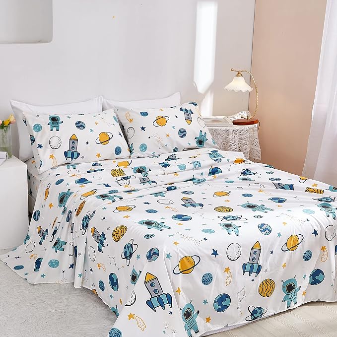 JSD Blue Astronaut Kids Sheet Set Full Size, 4 Piece Space Rocket Printed - Image 2