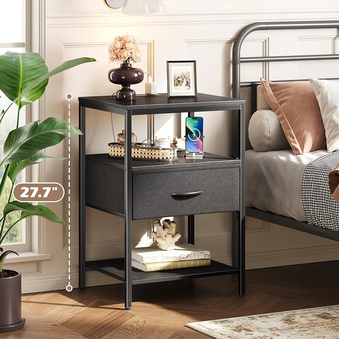 SUPERJARE Night Stand with Charger Station, 27.7 Inch Tall Nightstand with - Image 2
