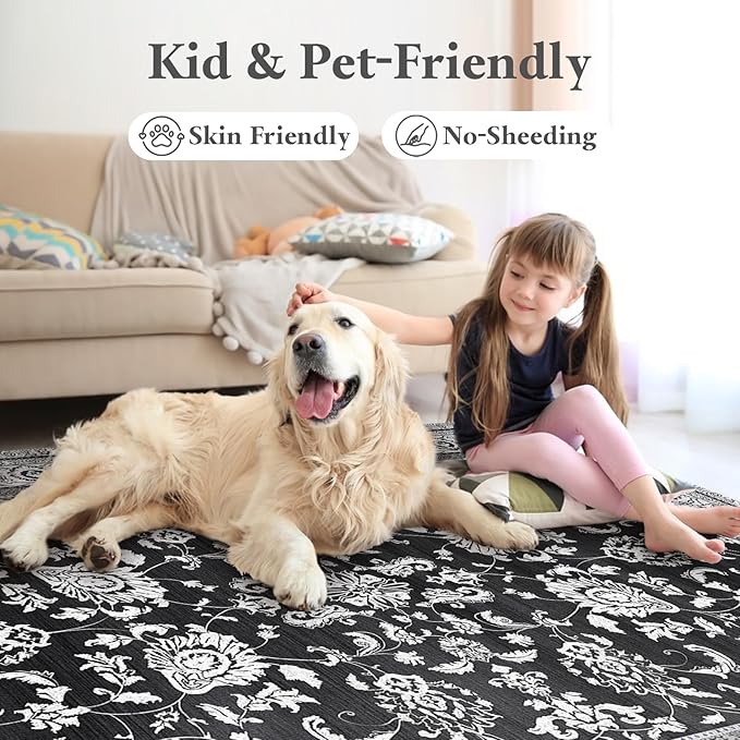 Area Rugs 5x7 Machine Washable Floral Rug Non Silp Faux Wool Vintage Soft Black - Image 4