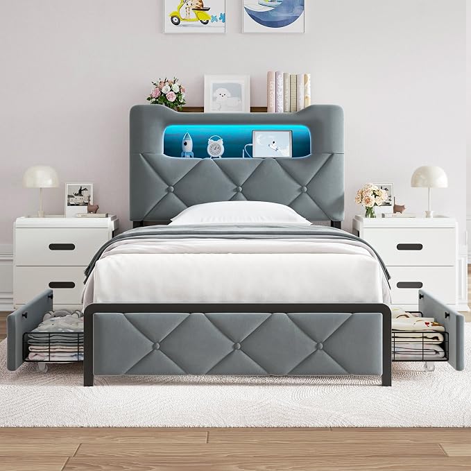 Twin Upholstered LED Bed Frame - Image 7