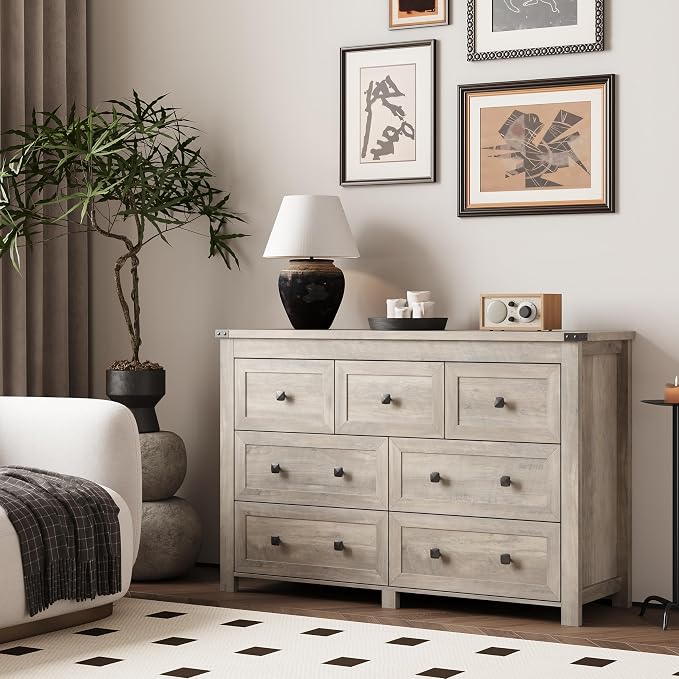 Dresser for Bedroom with 7 Drawers, Farmhouse Wood Chest of Drawers, Wide TV - Image 2