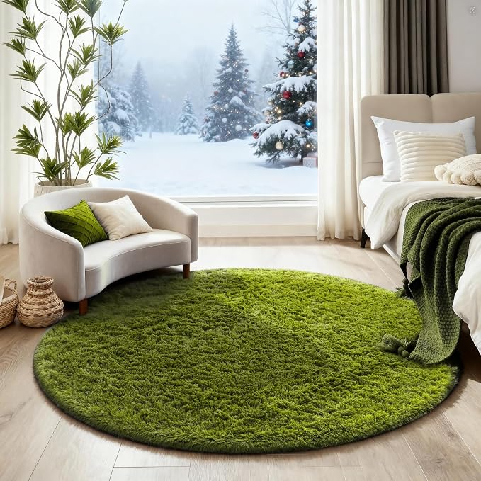 Ophanie Round Rug 4Ft Green Circle Area Rug, Fluffy Fuzzy Bedroom Carpet - Image 5