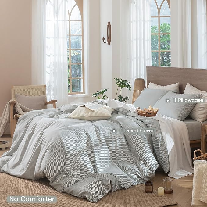 MooMee Striped Duvet Cover Set 100% Washed Cotton Linen Like Textured - Image 2