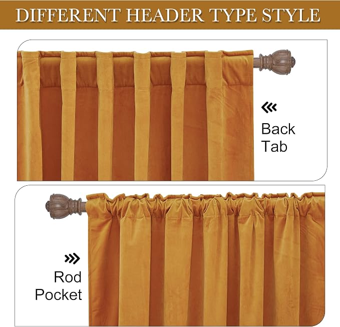 RYB HOME Gold Velvet Curtains 102 inches, Back Tab Soft Fabric Room Darkening - Image 3
