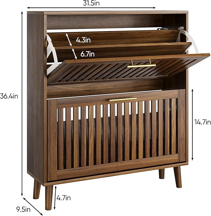 Vibe & Dine Shoe Cabinet with 2 Flip Drawers, Narrow Shoe Organizer with Gold - Image 2