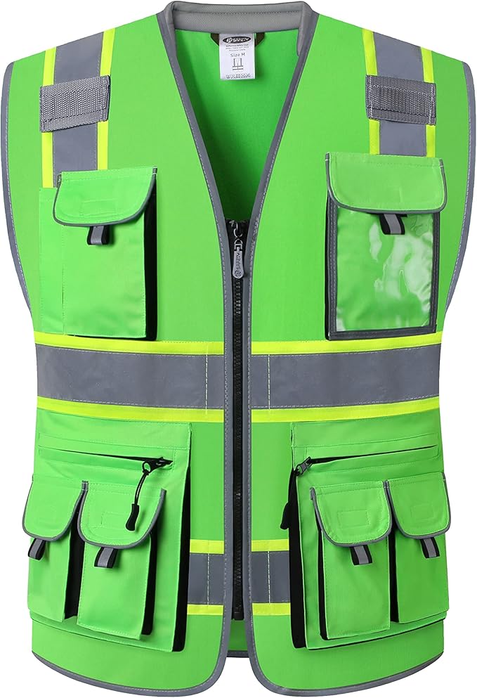JKSafety 10 Pockets Hi-Vis Zipper Front Fluorescent Green Safety Vest | by JKSafety
