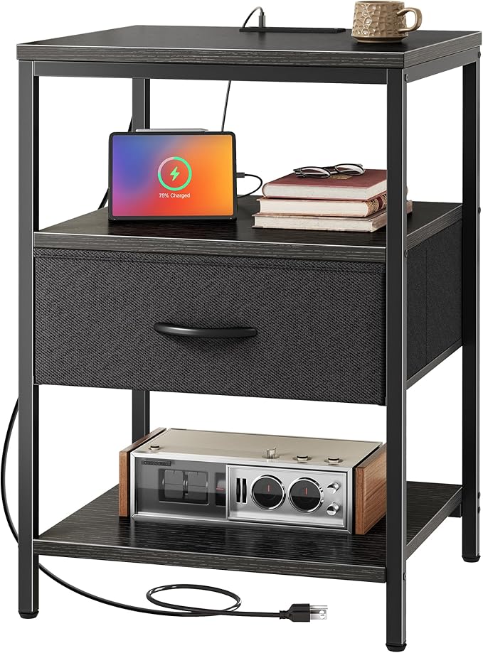 SUPERJARE Night Stand with Charger Station, 27.7 Inch Tall Nightstand with by SUPERJARE