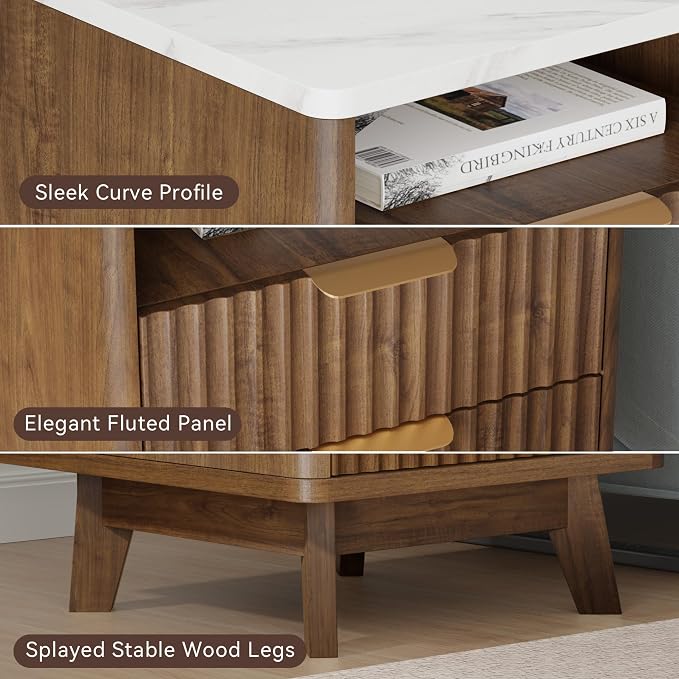 Fluted Nightstand with 2 Drawers, Open Storage Shelf, Curved Edge Bedside Table - Image 4