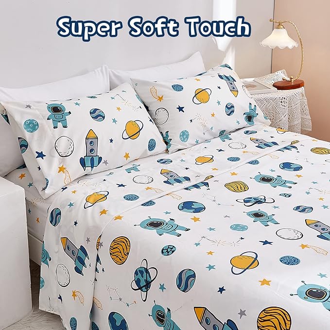 JSD Blue Astronaut Kids Sheet Set Full Size, 4 Piece Space Rocket Printed - Image 6