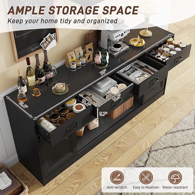 70” Large Long Buffet Sideboard Cabinet w/4 Drawer, Farmhouse Buffet Storage - Image 3