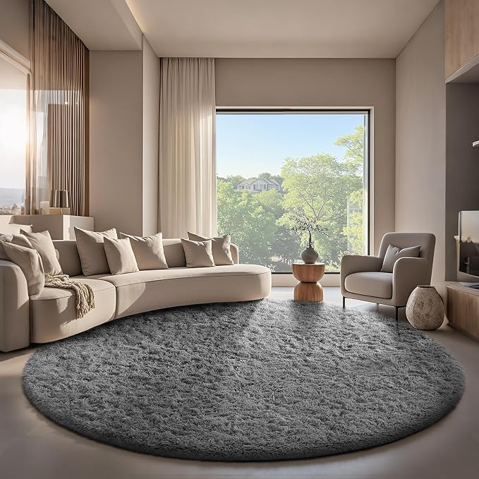 Ophanie Round Rug 7Ft Grey Circle Area Rugs, Large Fluffy Fuzzy Living Room by Ophanie