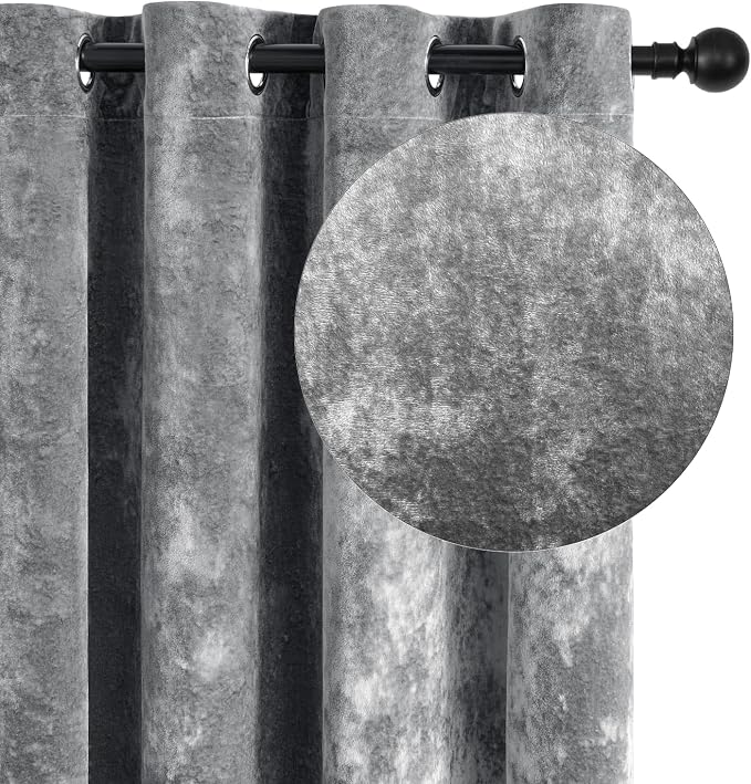 SMILETIME Grey Crushed Velvet Curtains 52x84 inch Luxurious Thermal Insulated - Image 2