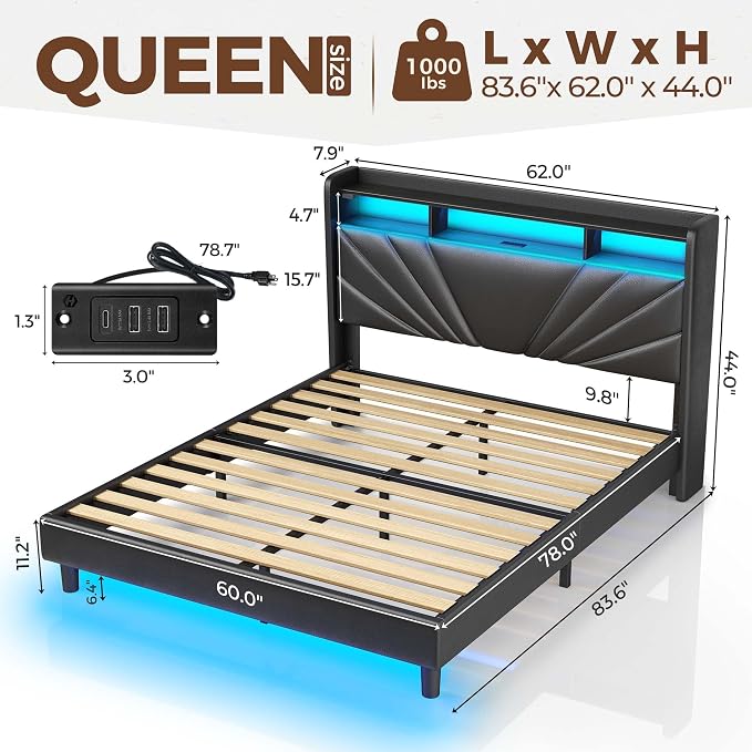 Rolanstar Queen Size Bed Frame, Storage Headboard - Image 2