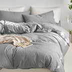 MooMee Striped Duvet Cover Set 100% Washed Cotton Linen Like Textured - Image 5