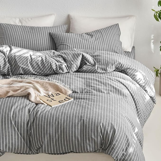 MooMee Striped Duvet Cover Set 100% Washed Cotton Linen Like Textured - Image 5
