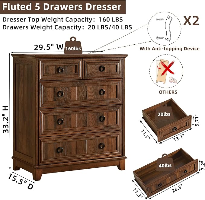 Farmhouse 5 Drawer Dresser for Bedroom, 33.2" Tall Small Dressers & Chest of - Image 2