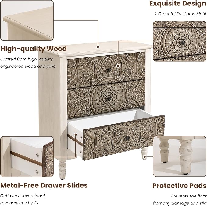 COSIEST 3 Drawers Nightstand Set of 2, Accent Dresser, Bedside Table, Bedroom - Image 5