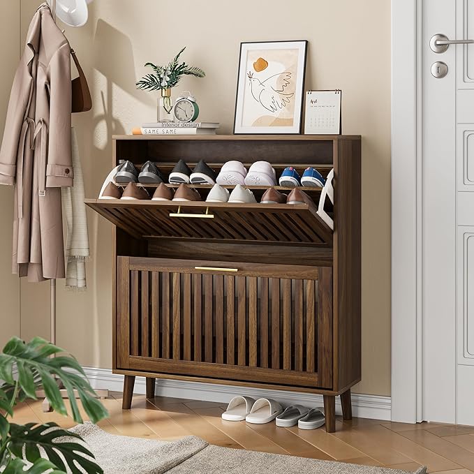 Vibe & Dine Shoe Cabinet with 2 Flip Drawers, Narrow Shoe Organizer with Gold - Image 3