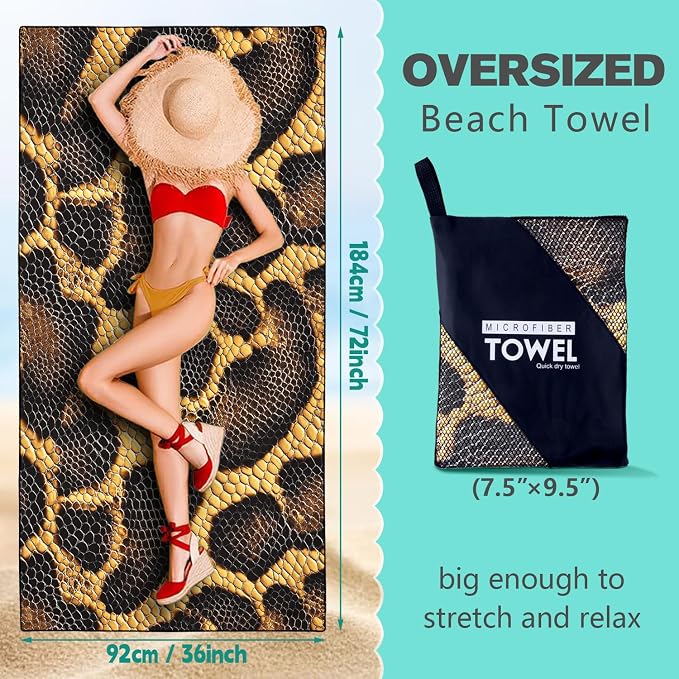 Snake Skin Pattern Beach Towel Oversized 36" x 72", Thin Lightweight Sand Free - Image 5