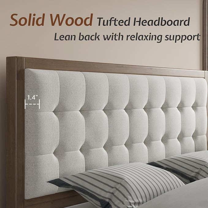 Jocisland Wood Full Size Bed Frame, Tall Upholstered Tufted Headboard, Solid - Image 5