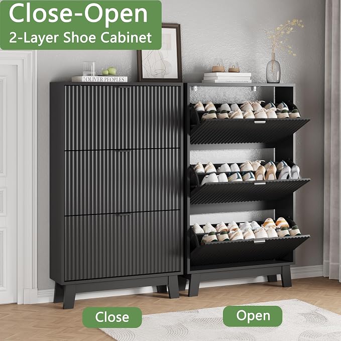 Shoe Cabinet with 3 Flip Drawers, Hidden Slim Wooden Shoe Rack Cabinet - Image 5