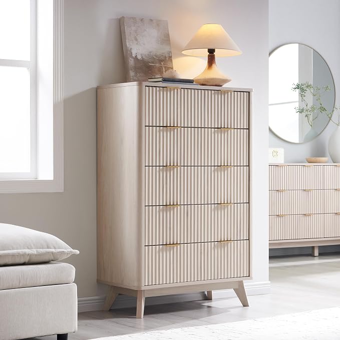 T4TREAM Fluted 5 Drawers Dresser, Curved Profile Design, Wood Drawer Organizer - Image 3