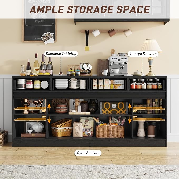 70” Large Long Buffet Sideboard Cabinet w/4 Drawer, Farmhouse Buffet Storage - Image 4