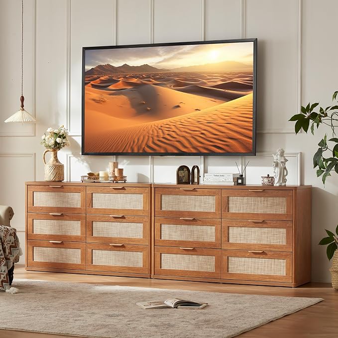 LEYAOYAO Rattan Dresser and Nightstand Set of 2, Boho Wood Dresser - Image 2